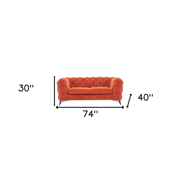 74" Orange And Silver Velvet Chesterfield Loveseat N270-489288