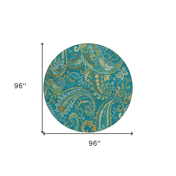 8' Round Teal Round Paisley Washable Non Skid Indoor Outdoor Area Rug N270-561469