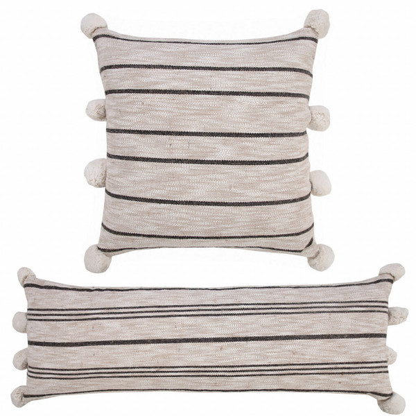20" X 20" Beige White And Black Jute Striped Zippered Pillow N270-517073