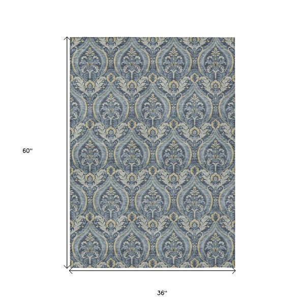 3' X 5' Blue and Cream Damask Washable Non Skid Indoor Outdoor Area Rug N270-563865