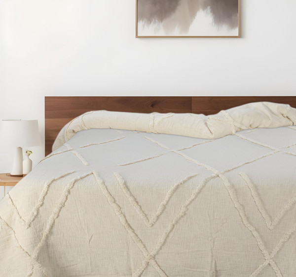 Ivory Geometric Queen Cotton Coverlet N270-548245