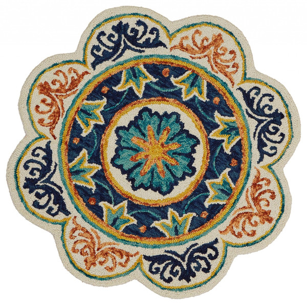 4' Round Ivory And Navy Decorative Area Rug N270-393661