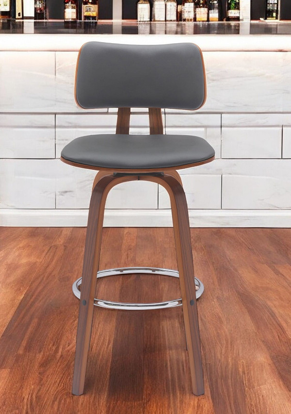 30" Gray And Wood Brown Faux Leather Swivel Low Back Bar Height Bar Chair N270-534435
