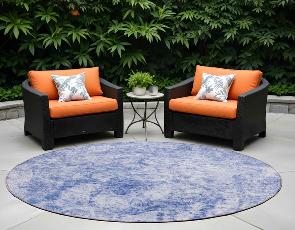 8' Round Blue Round Abstract Washable Non Skid Indoor Outdoor Area Rug N270-562664