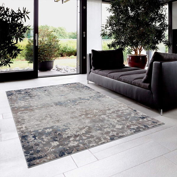 8' X 11' Navy And Beige Distressed Vines Area Rug N270-390182