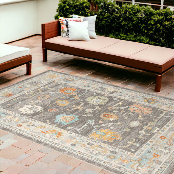 9' X 12' Gray and Orange Floral Stain Resistant Indoor Outdoor Area Rug N270-531495