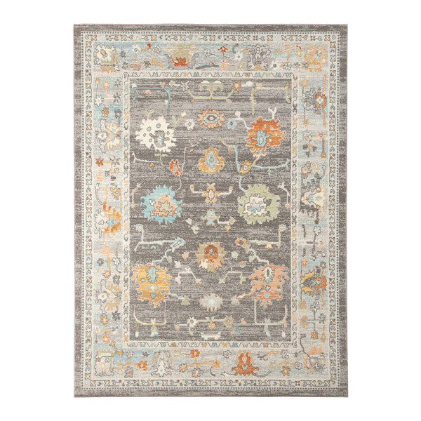 9' X 12' Gray and Orange Floral Stain Resistant Indoor Outdoor Area Rug N270-531495