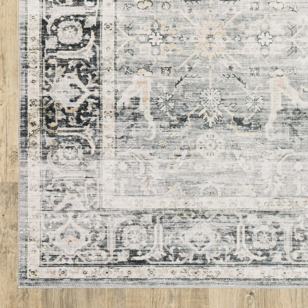 2' X 3' Charcoal Grey Salmon And Ivory Oriental Printed Stain Resistant Non Skid Area Rug N270-510391