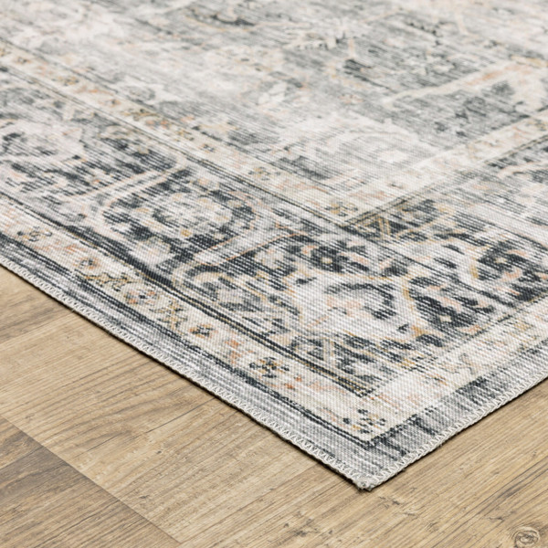 2' X 3' Charcoal Grey Salmon And Ivory Oriental Printed Stain Resistant Non Skid Area Rug N270-510391