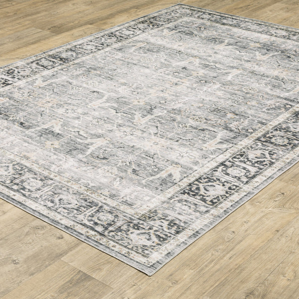 2' X 3' Charcoal Grey Salmon And Ivory Oriental Printed Stain Resistant Non Skid Area Rug N270-510391