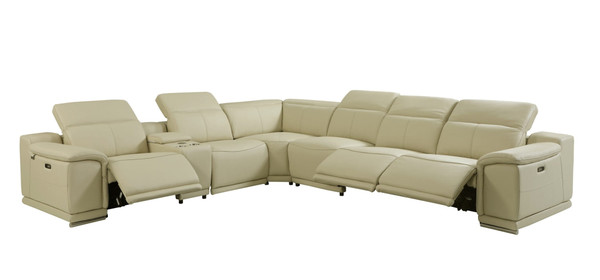 Beige Italian Leather Power Reclining U Shaped Seven Piece Corner Sectional With Console N270-476590
