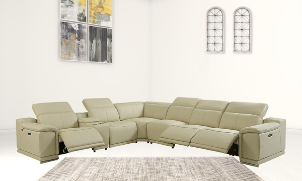 Beige Italian Leather Power Reclining U Shaped Seven Piece Corner Sectional With Console N270-476590
