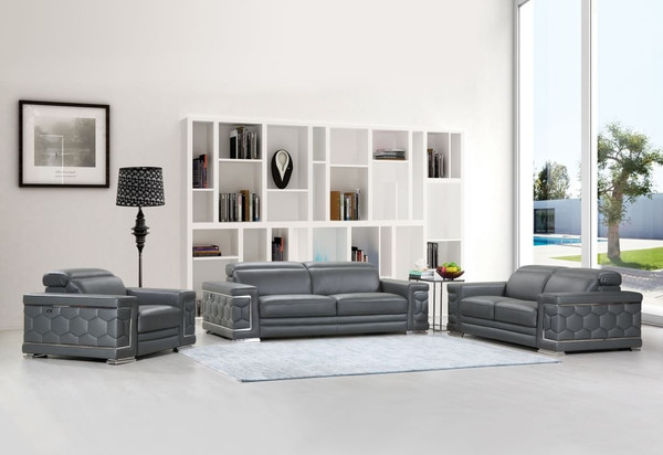Three Piece Indoor Dark Gray Italian Leather Six Person Seating Set N270-329588