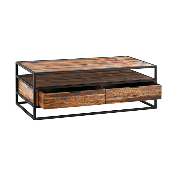 50" Brown And Black Solid Wood And Metal Coffee Table With Two Drawers And Shelf N270-520585