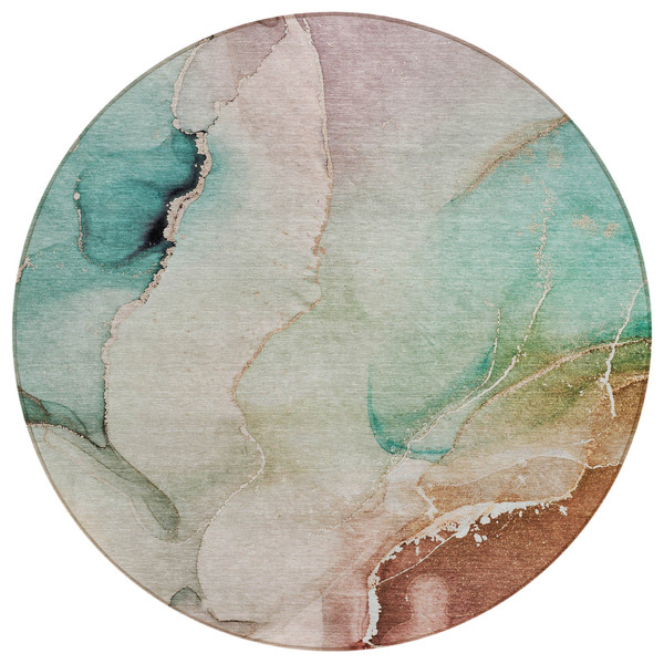8' Round Teal Round Abstract Washable Non Skid Indoor Outdoor Area Rug N270-560479