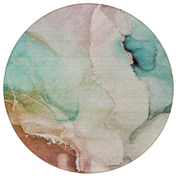 8' Round Teal Round Abstract Washable Non Skid Indoor Outdoor Area Rug N270-560479