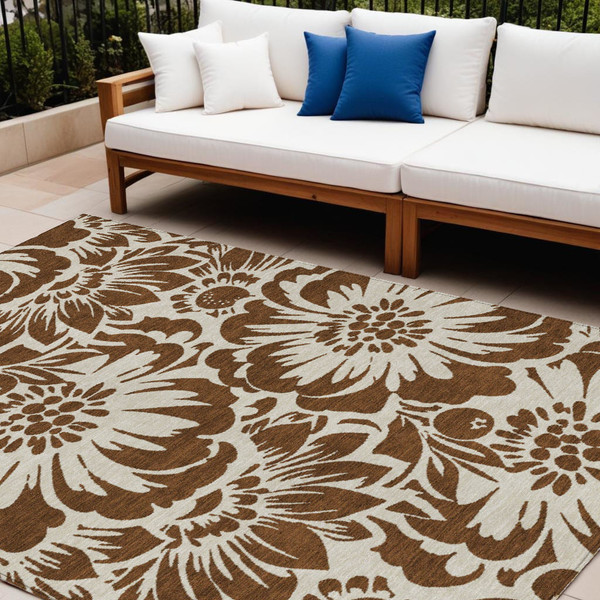 8' X 10' Brown and Ivory Floral Washable Non Skid Indoor Outdoor Area Rug N270-562422