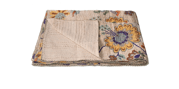 50" X 70" Beige Pink Orange and Green Cotton Kantha Floral Throw Throw Blanket with Embroidery N270-293208