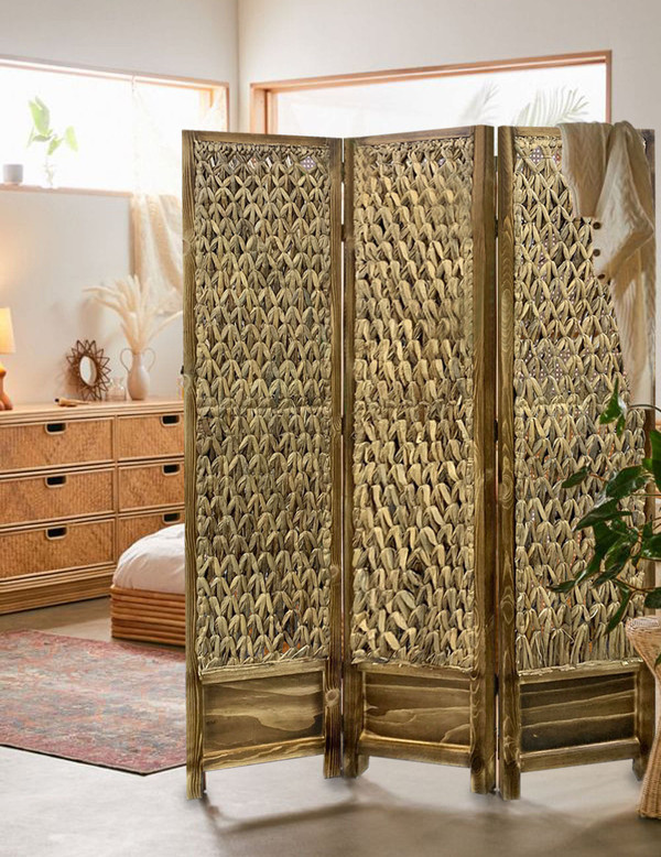Casual Wood And Seagrass Three Panel Room Divider Screen N270-348673
