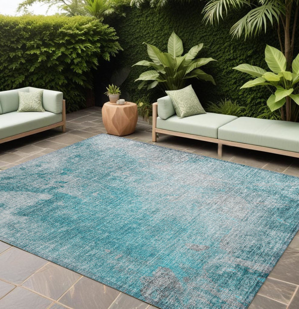 9' X 12' Teal Abstract Washable Non Skid Indoor Outdoor Area Rug N270-563320