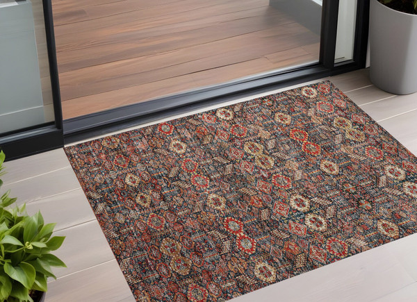 3' X 5' Red and Dark Blue Floral Washable Non Skid Indoor Outdoor Area Rug N270-564368