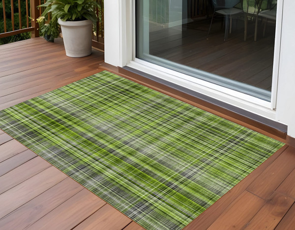 2' X 3' Green Black and Gray Plaid Washable Non Skid Indoor Outdoor Area Rug N270-561876