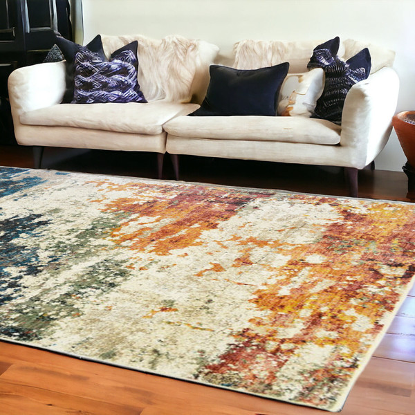 8' X 10' Beige Blue and Ivory Abstract Distressed Area Rug With Fringe N270-555334