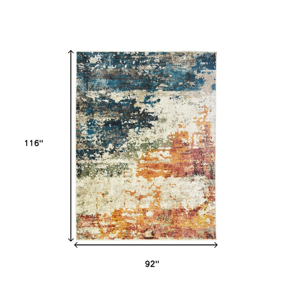 8' X 10' Beige Blue and Ivory Abstract Distressed Area Rug With Fringe N270-555334