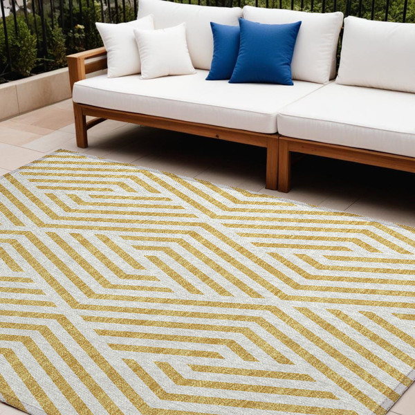 9' X 12' Gold and White Geometric Washable Non Skid Indoor Outdoor Area Rug N270-562279