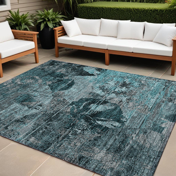 9' X 12' Teal and Gray Floral Washable Non Skid Indoor Outdoor Area Rug N270-562801
