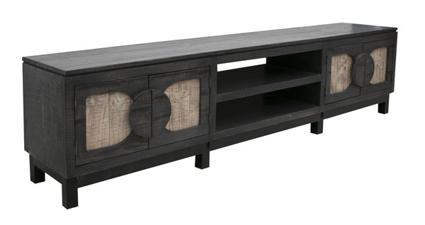 93" Black Solid Wood Cabinet Enclosed Storage Distressed TV Stand N270-528753