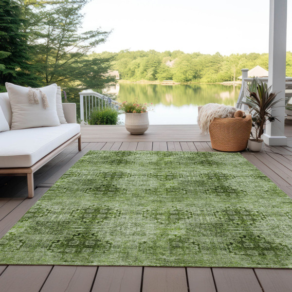5' X 8' Olive Green Floral Medallion Washable Non Skid Indoor Outdoor Area Rug N270-562975
