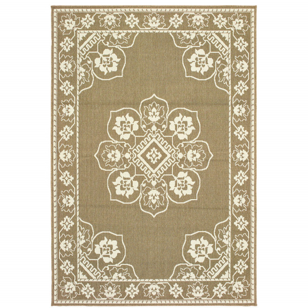 8' X 11' Tan Oriental Stain Resistant Indoor Outdoor Area Rug N270-507754