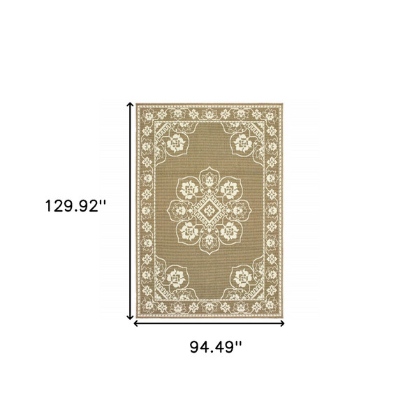 8' X 11' Tan Oriental Stain Resistant Indoor Outdoor Area Rug N270-507754