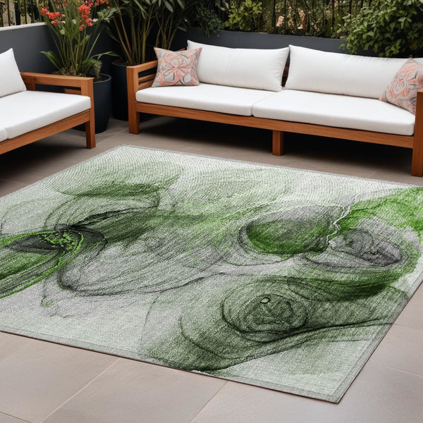 9' X 12' Olive Green Abstract Washable Non Skid Indoor Outdoor Area Rug N270-560017