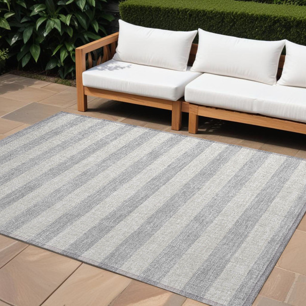 8' X 10' Gray and Ivory Striped Washable Non Skid Indoor Outdoor Area Rug N270-561101