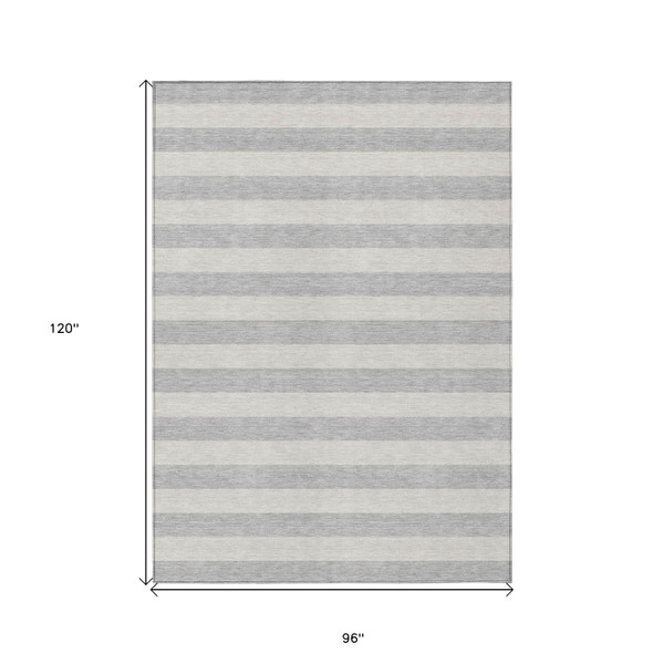 8' X 10' Gray and Ivory Striped Washable Non Skid Indoor Outdoor Area Rug N270-561101