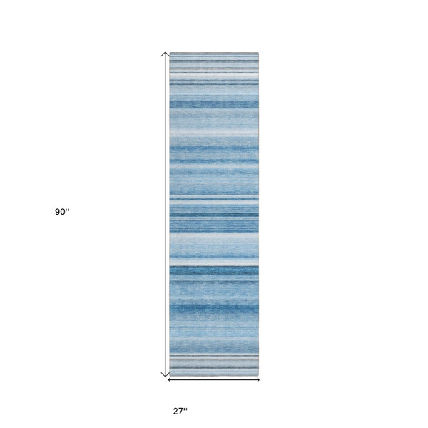 8' Runner Blue Striped Washable Non Skid Indoor Outdoor Runner Rug N270-560997
