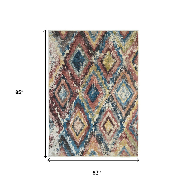 5' X 8' Blue Geometric Distressed Area Rug With Fringe N270-555378