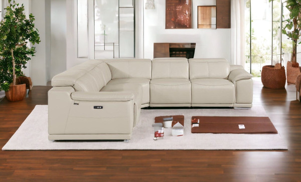 Beige Italian Leather Power Reclining U Shaped Five Piece Corner Sectional With Console N270-532761