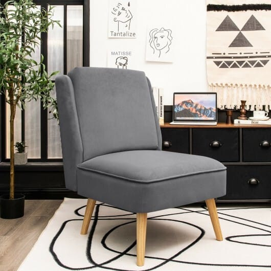 Velvet Accent Armless Side Chair with Rubber Wood Legs for Bedroom-Gray - Color: Gray D681-HW67580HS