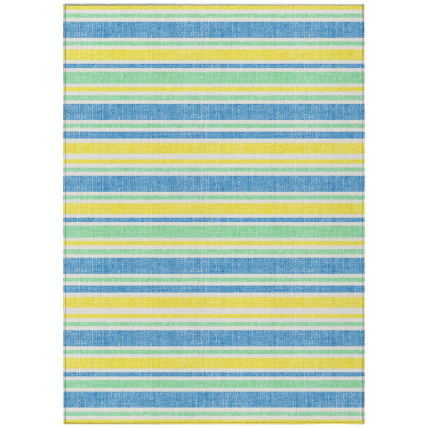 8' X 10' Blue Yellow and Green Striped Washable Non Skid Indoor Outdoor Area Rug N270-561299