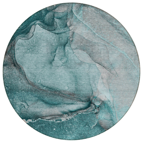 8' Round Teal Round Abstract Washable Non Skid Indoor Outdoor Area Rug N270-560605