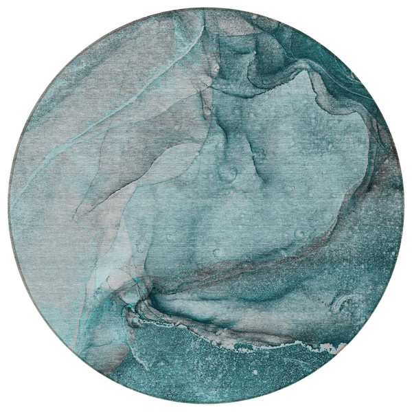 8' Round Teal Round Abstract Washable Non Skid Indoor Outdoor Area Rug N270-560605