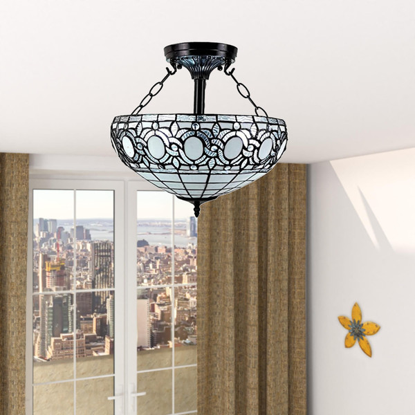 Blue and Black Tiffany Style Two Light Glass Dimmable Semi Flush Ceiling Light N270-478315
