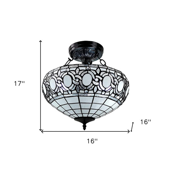 Blue and Black Tiffany Style Two Light Glass Dimmable Semi Flush Ceiling Light N270-478315
