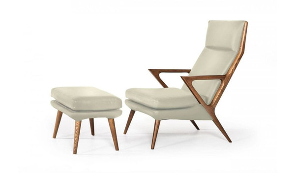 26" Beige Faux Leather And Walnut Lounge Chair With Ottoman N270-488429