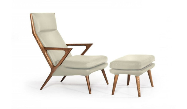 26" Beige Faux Leather And Walnut Lounge Chair With Ottoman N270-488429