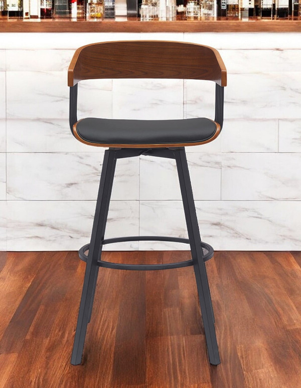 31" Black Faux Leather And Metal Swivel Bar Height Bar Chair N270-534455
