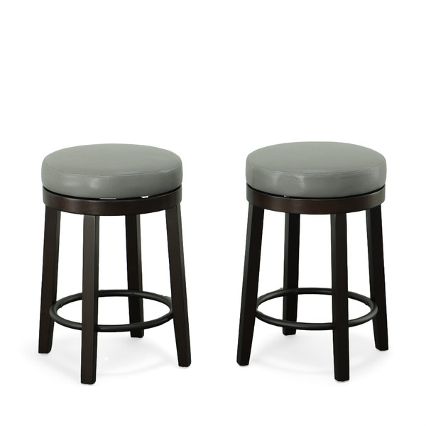 Set of Two 24" Gray And Espresso Faux Leather And Solid Wood Swivel Backless Counter Height Bar Cha N270-516204